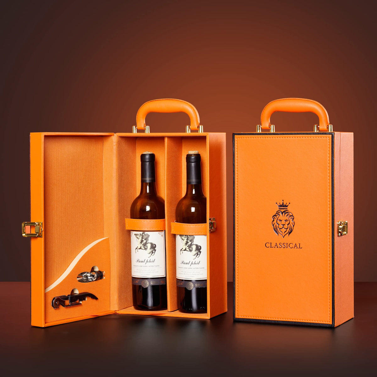 HiCrast Wine Box with 2 Bottle Leatherette Top Handle Premium Wine Carrier Case Orange