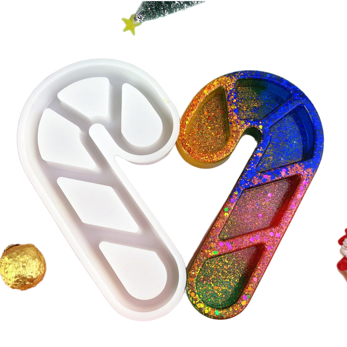 Christmas Candy Cane Resin Tray Silicone Mold, Candy and Snack Plates, Jewelry Storage Trays, Christmas Home Decor Casting Mold, Resin molds Silicone Clearance with Glitter Design