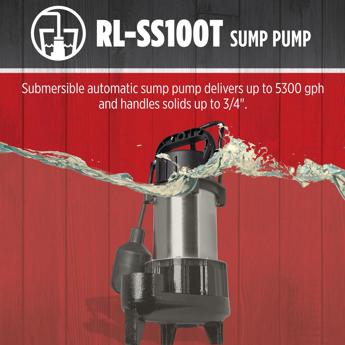 Red Lion RL-SS100T 115 Volt, 1 HP, 5300 GPH Premium Submersible Stainless Steel Sump Pump with Tethered Switch and 20-Ft. Cord, Black, 14942782