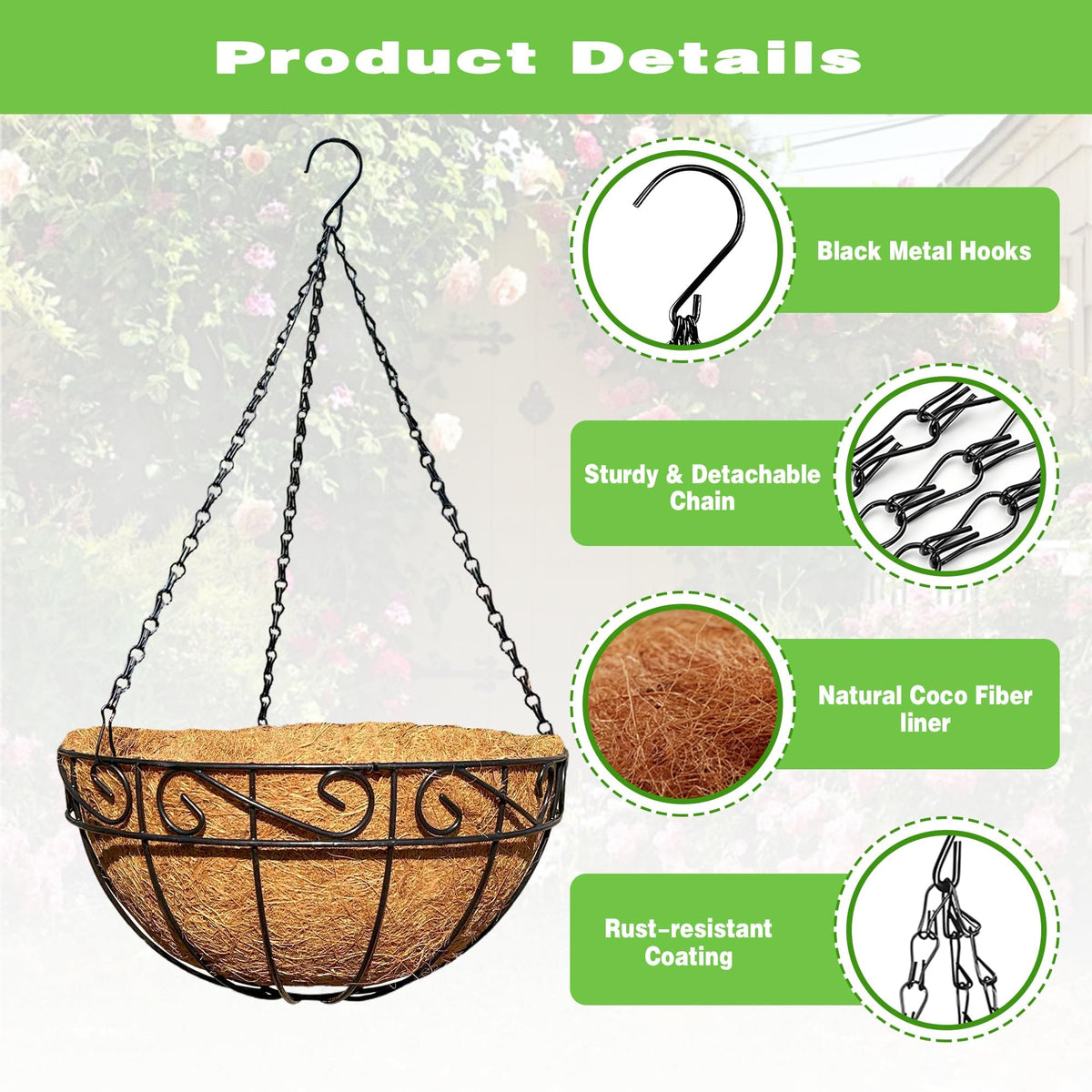 ZVOWOS 2 Pack 12 Inch Black Metal Hanging Basket Hanging Planter with Coco Coir Liner Heavy Duty Hanging Flower Pot Holder for Indoor Outdoor Patio Garden Porch Balcony Decor (Lace)