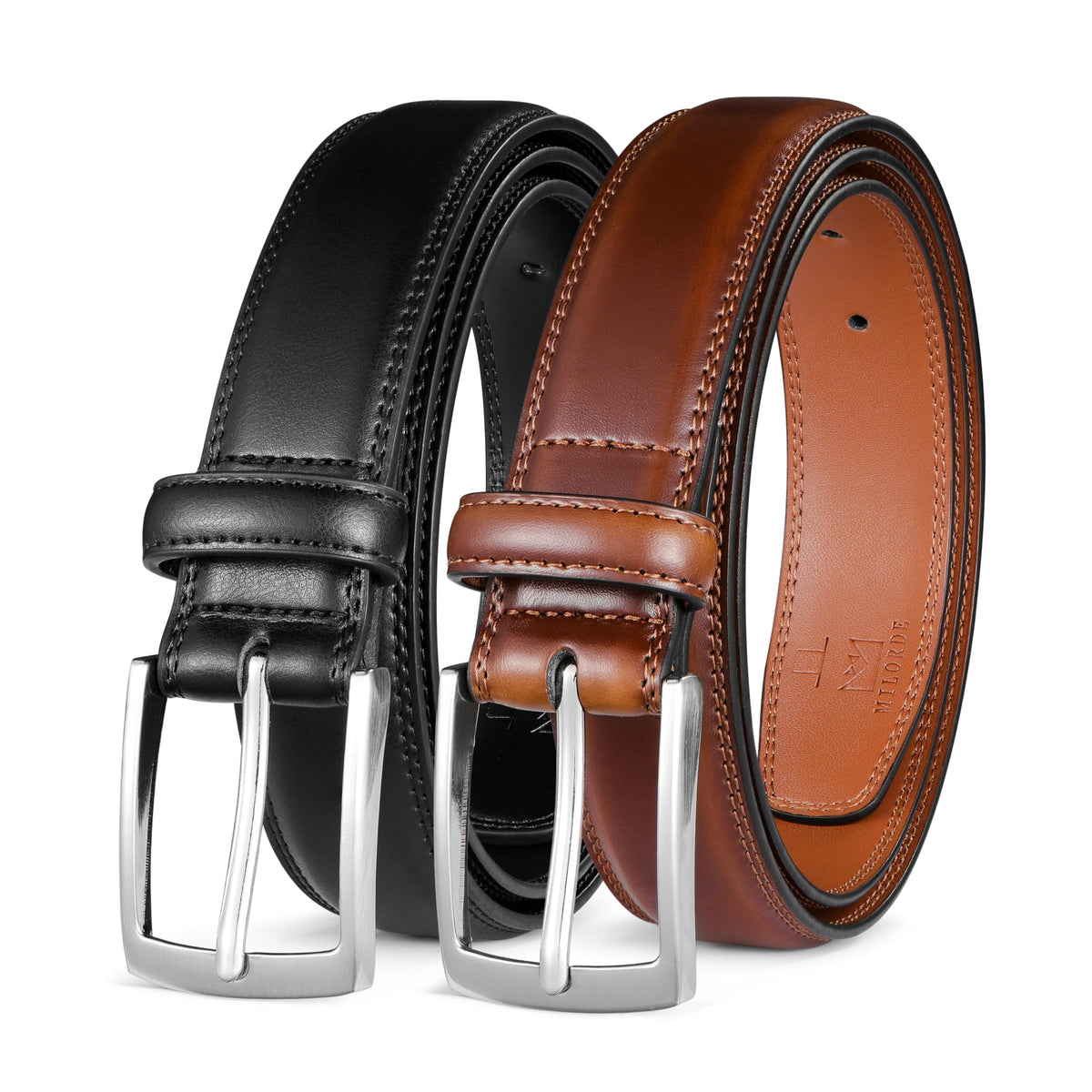 MILORDE Men's Leather Dress Belt 2Pack, Handmade, 100% Cow Leather, Fashion & Classic Designs for Work Business and Casual (2pack-Black101/Brown103,30)