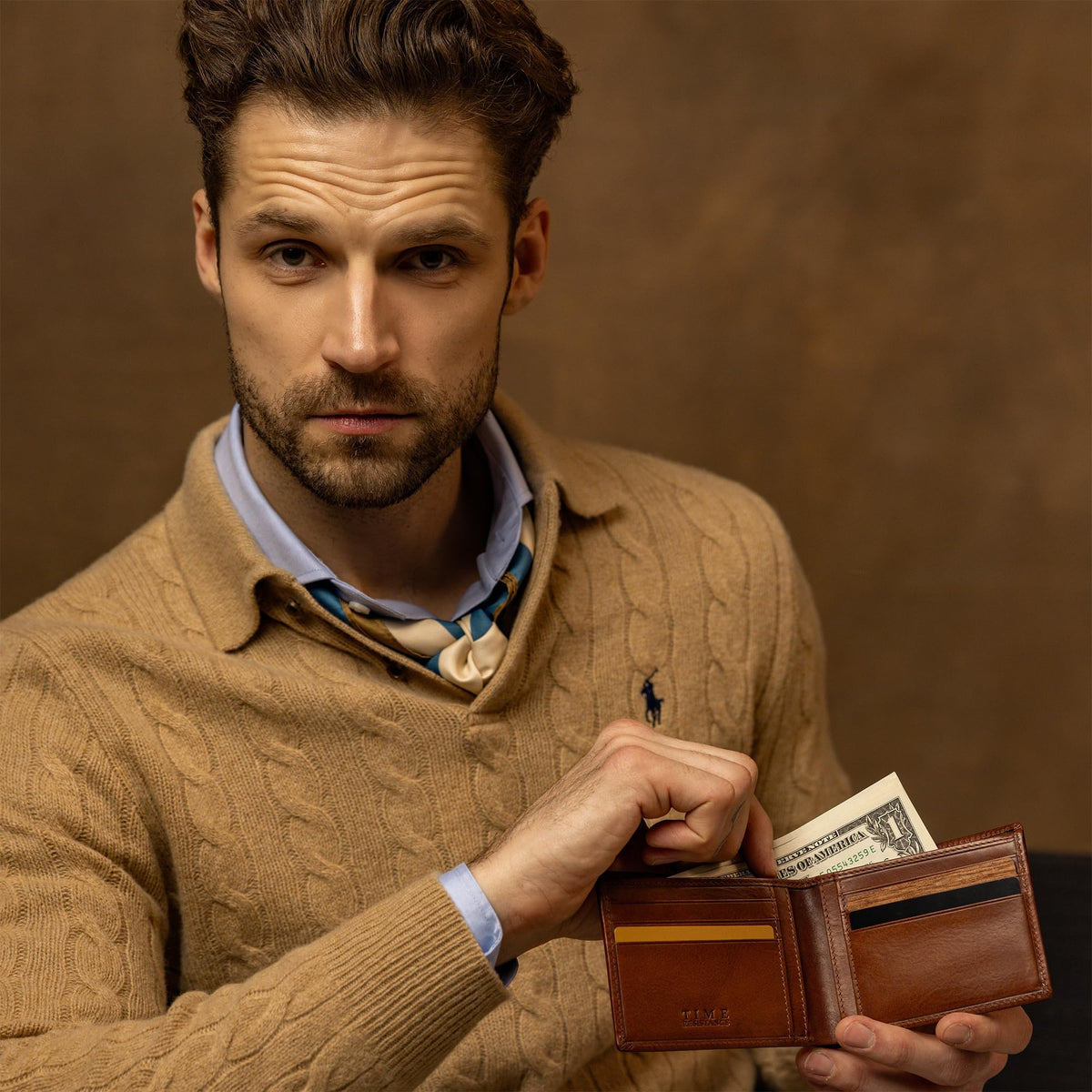 Time Resistance Leather Wallet – Italian Handmade Minimalist Billfold for Cards and Cash – Slim Full-Grain Leather Wallet (Cognac)