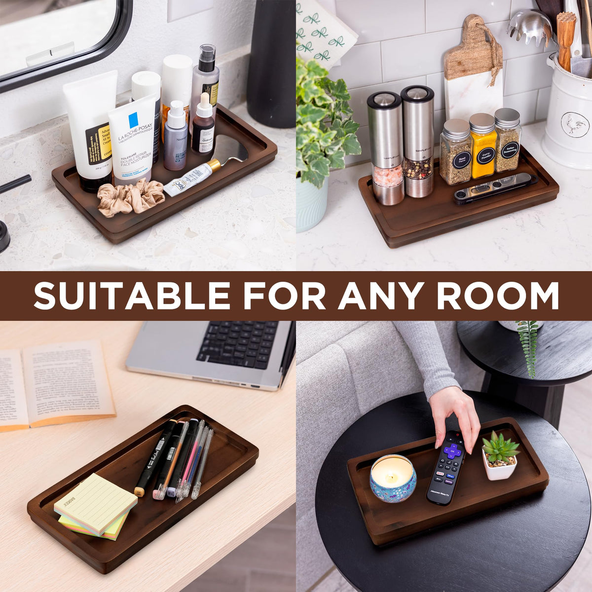 Bathroom Vanity Tray 11.8x5.9in of Acacia Wood - Elegant Organizer for Cosmetics, Jewelry, Perfume, Candle, Key - Premium Wood Tray for Bathroom, Kitchen, Countertop, Toilet Tank, Sink (Dark Brown)