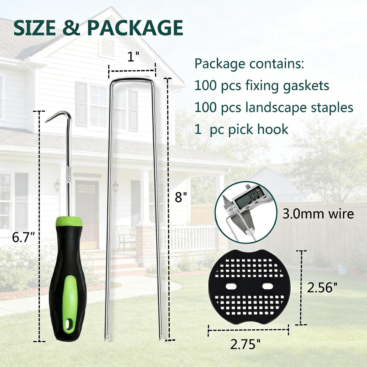 8 Inch 100 PCS Galvanized Landscape Staples with 100 PCS Gasket, Landscape Fabric Pins Stakes Lawn Ground Cover Graden Staples Spikes Weed Barrier Stakes