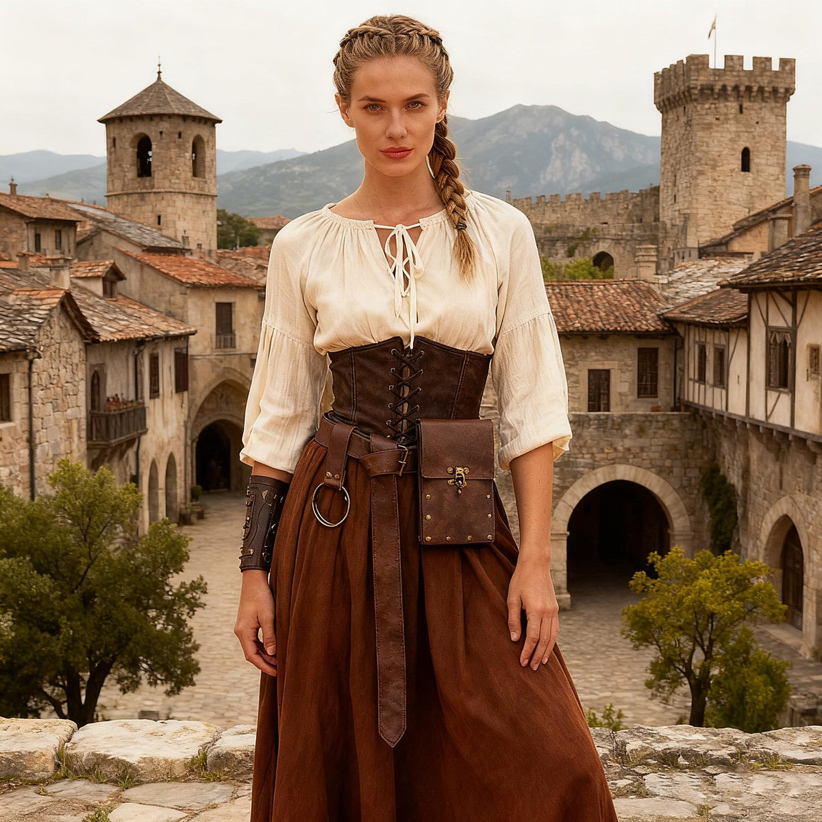 WooHand Renaissance Belt Bag Waist Bag Punk Medieval Leather Belt Bag Skirt Set, LARP Role-Playing Clothing Easter Retro Accessories (Brown)