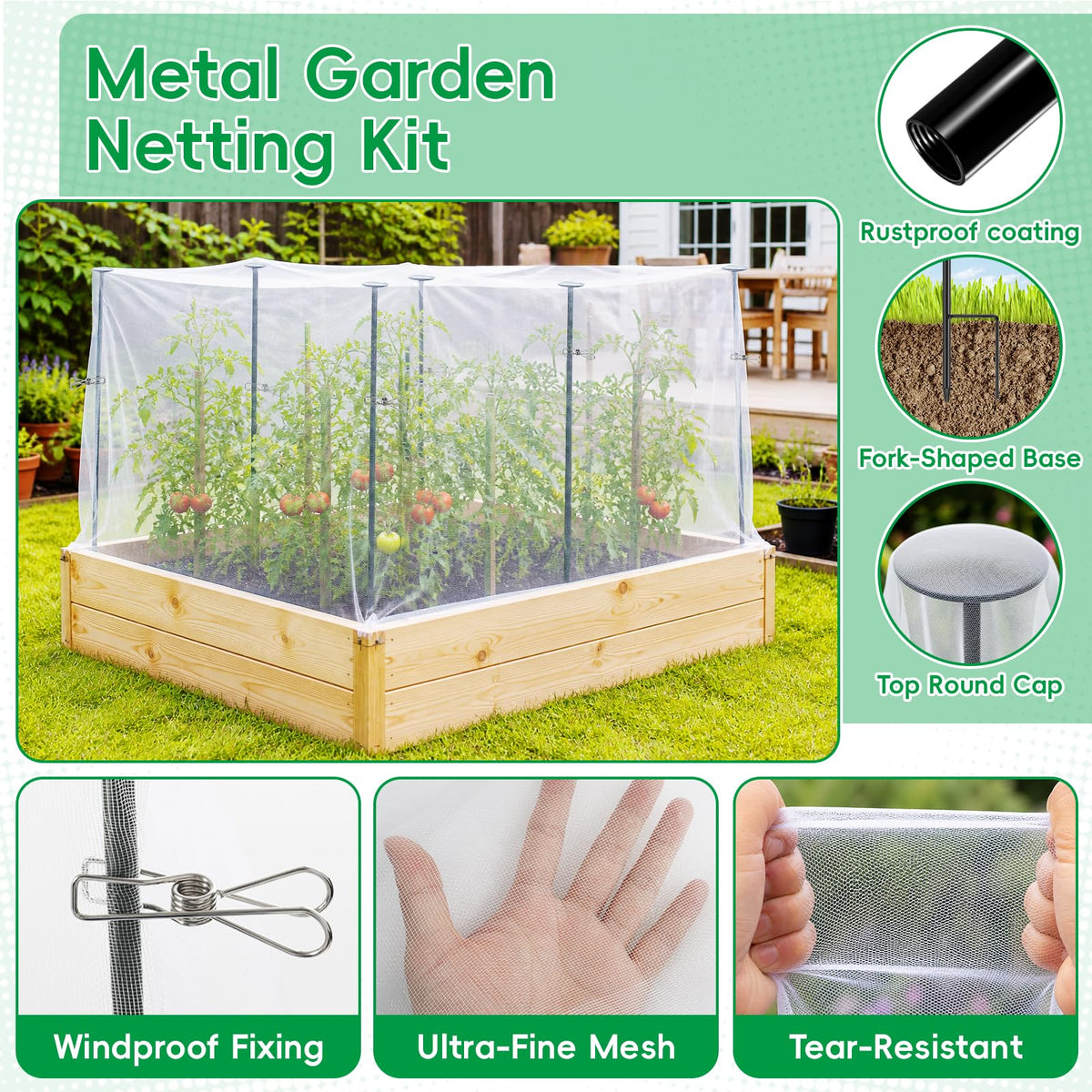 Metal Garden Netting Covers Kit for Raised Beds, 6 Pack 2.6FT Garden Poles Support Stakes with 10×13FT Insect Pest Barrier Plant Netting Mesh & 12 Clips for Vegetable Fruit Flower Garden Protection
