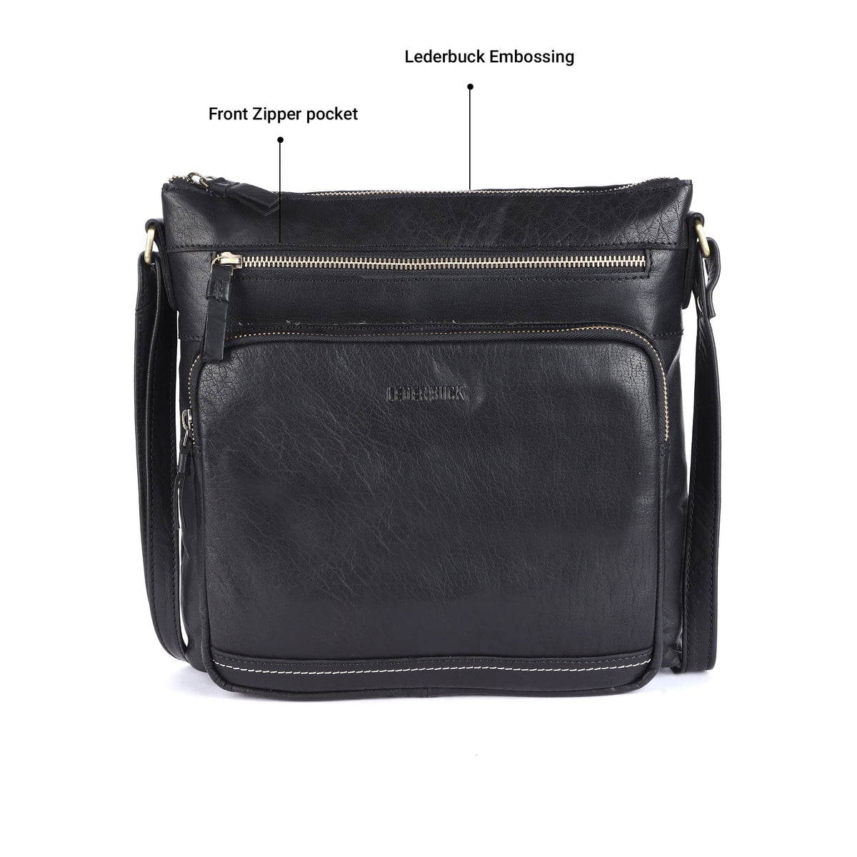 LEDERBUCK Olga Women's Extra-Large Genuine Leather Crossbody Purse – Soft Triple-Zip Shoulder Bag (Black)