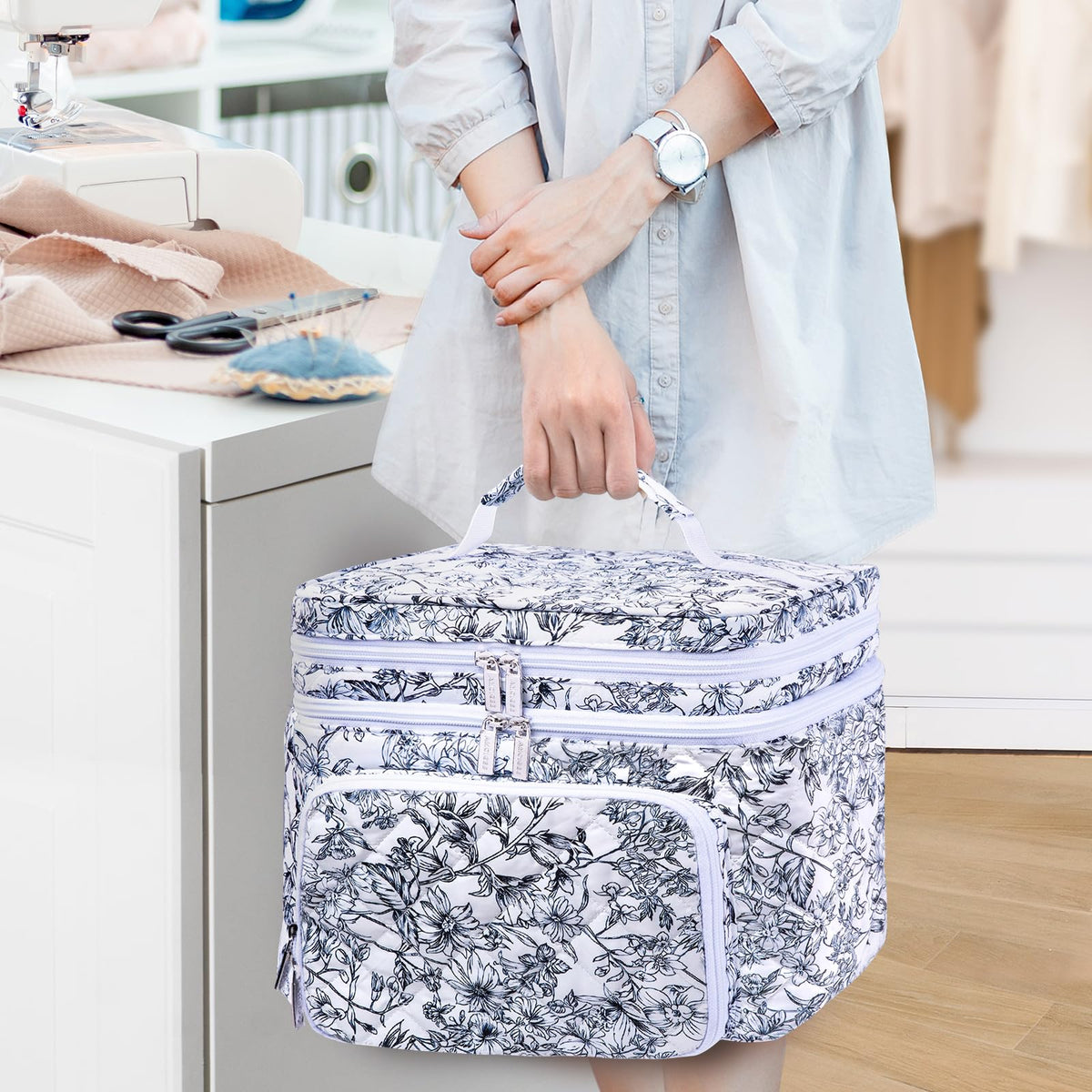 AMOIGEE Double-Layer Sewing Organizer Storage Bag with 2 Detachable Pouches, Large Quilted Sewing Basket for Supplies & Tools, Portable Travel Sewing Kit Case, Gift for Mom(BAG ONLY)
