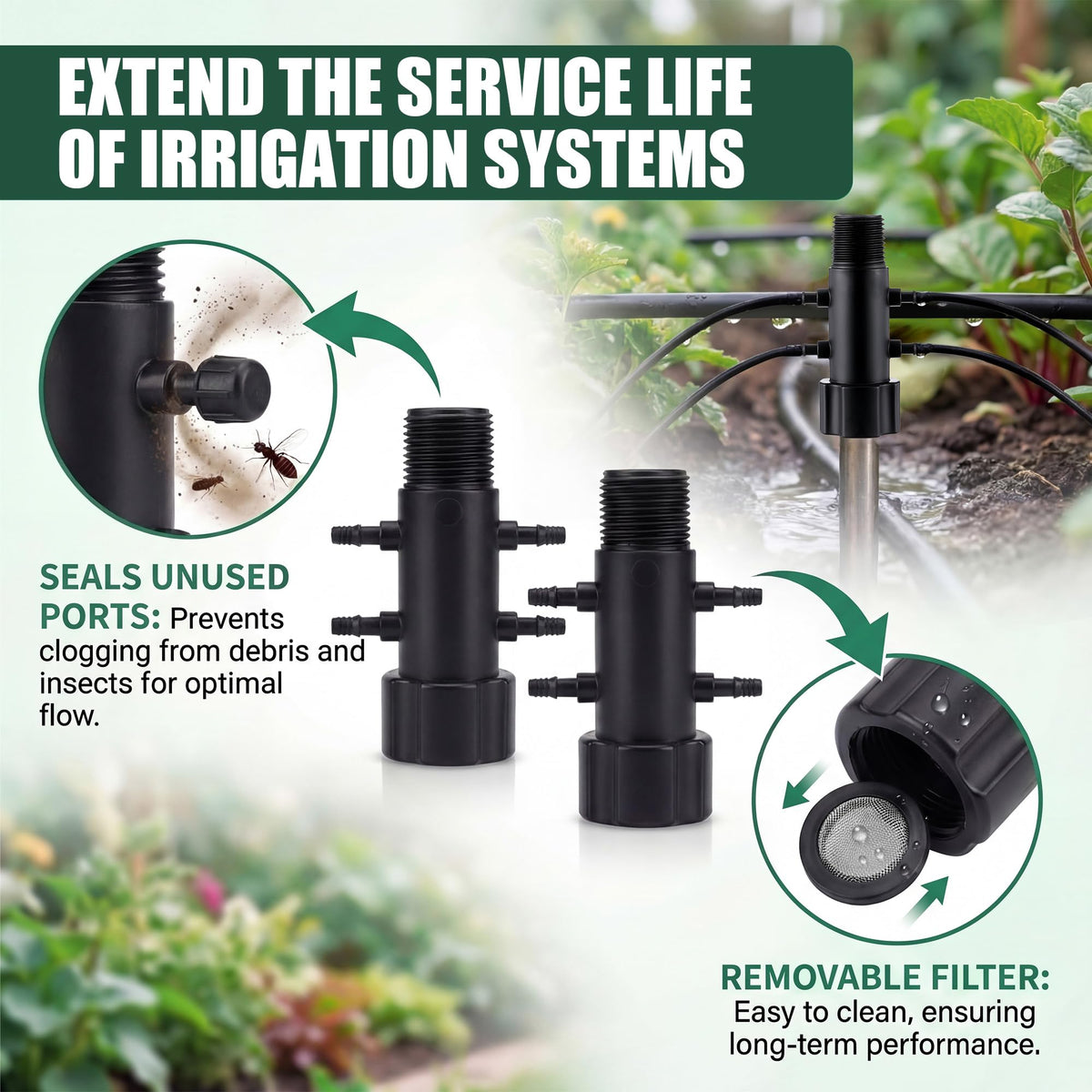 Gulfmew 4 Pack 4 Port Drip Irrigation Manifold with Filter, Drip Irrigation Riser Adapter, Watering Manifold for Gardening Systems, 1/2" Female Pipe Thread x 1/2" Male Pipe Thread x 1/4" Barbed End