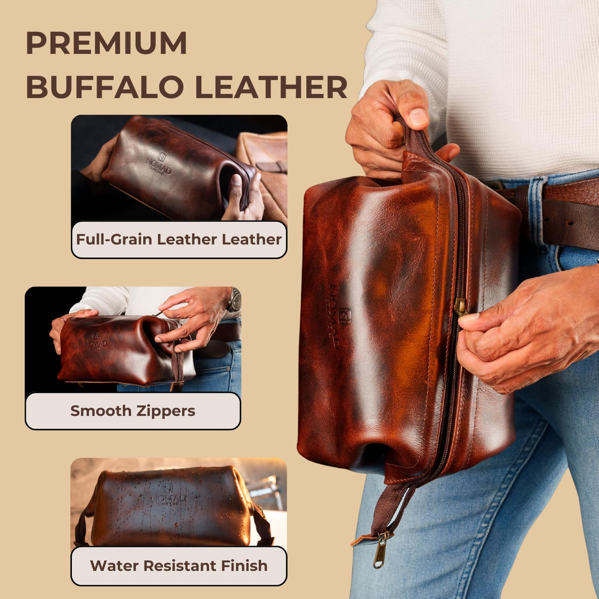 NomadCraftsCo. Premium Leather Travel Toiletry Bag for Men and Women, King-Size Dopp Kit with Waterproof Lining, Mens Toiletry Travel Bag