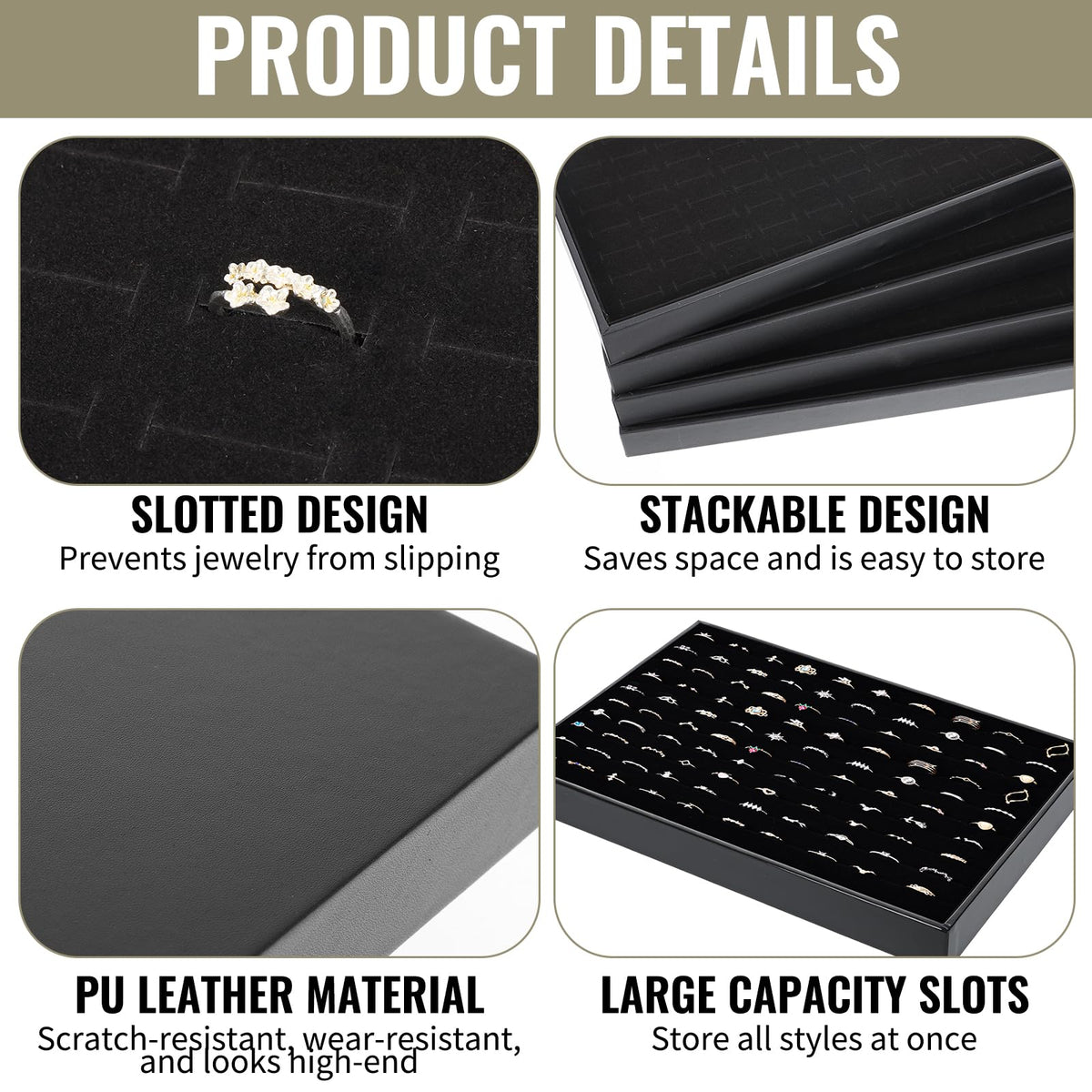 FUPMILPHRANX 4 Pack Velvet Ring Display Tray 100 Slots Stackable Jewelry Organizer Tray Ring Holder Showcase for Rings Earrings Jewelry Storage for Drawer Dresser Store Display