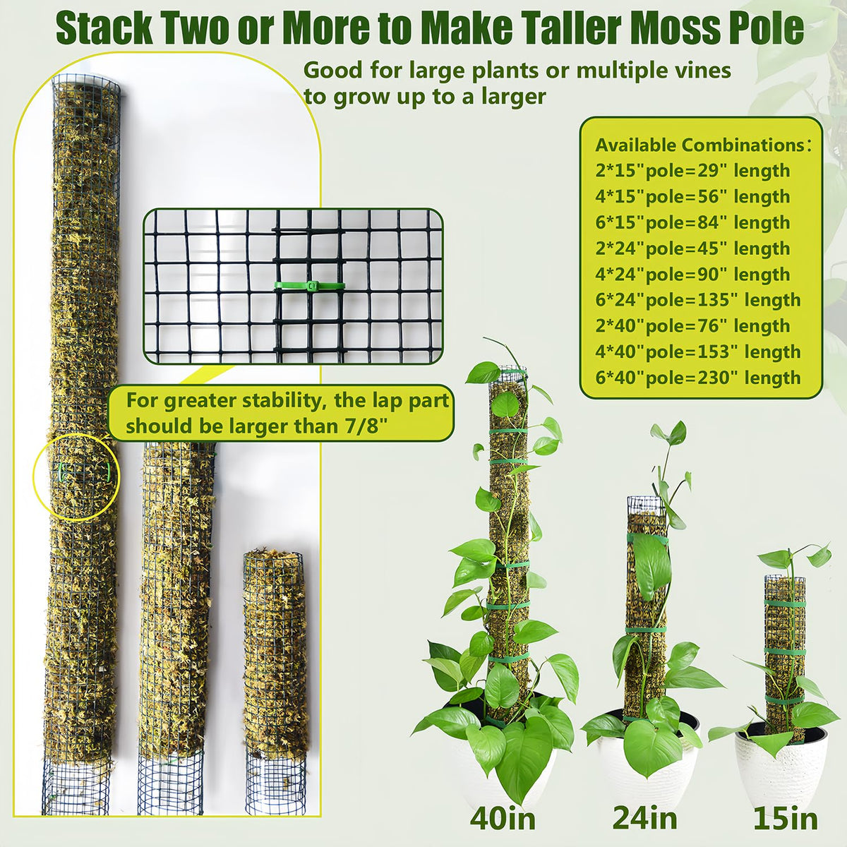 HOLANHING 6 Pack Metal Moss Pole, 24" Moss Poles for Plants Monstera, Stackable Sphagnum Moss Pole for Plants Work with Sphagnum Moss(6 Pack 24")