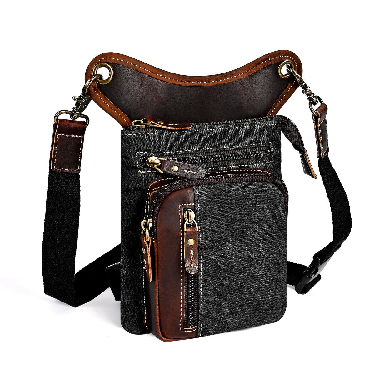 Handadsume Water Resistant Canvas + Leather Motorcycle Fanny Waist Pack One Shoulder Drop Leg Thigh Bag For Men Women FB211-6 (Z-211-11-Black)