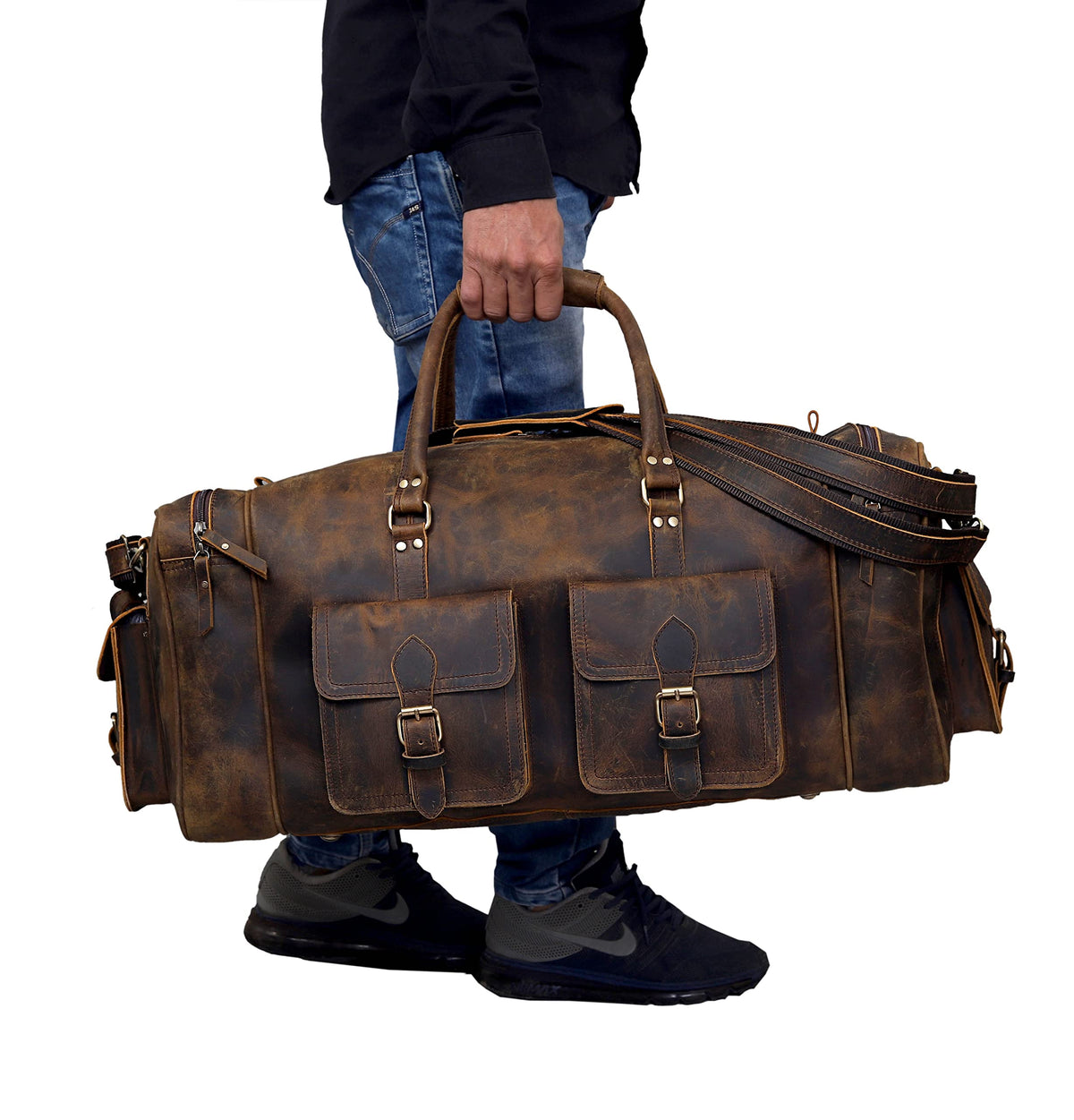 Large duffel bags for men holdall leather travel bag overnight gym sports weekend bag (BROWN, 20" Medium)
