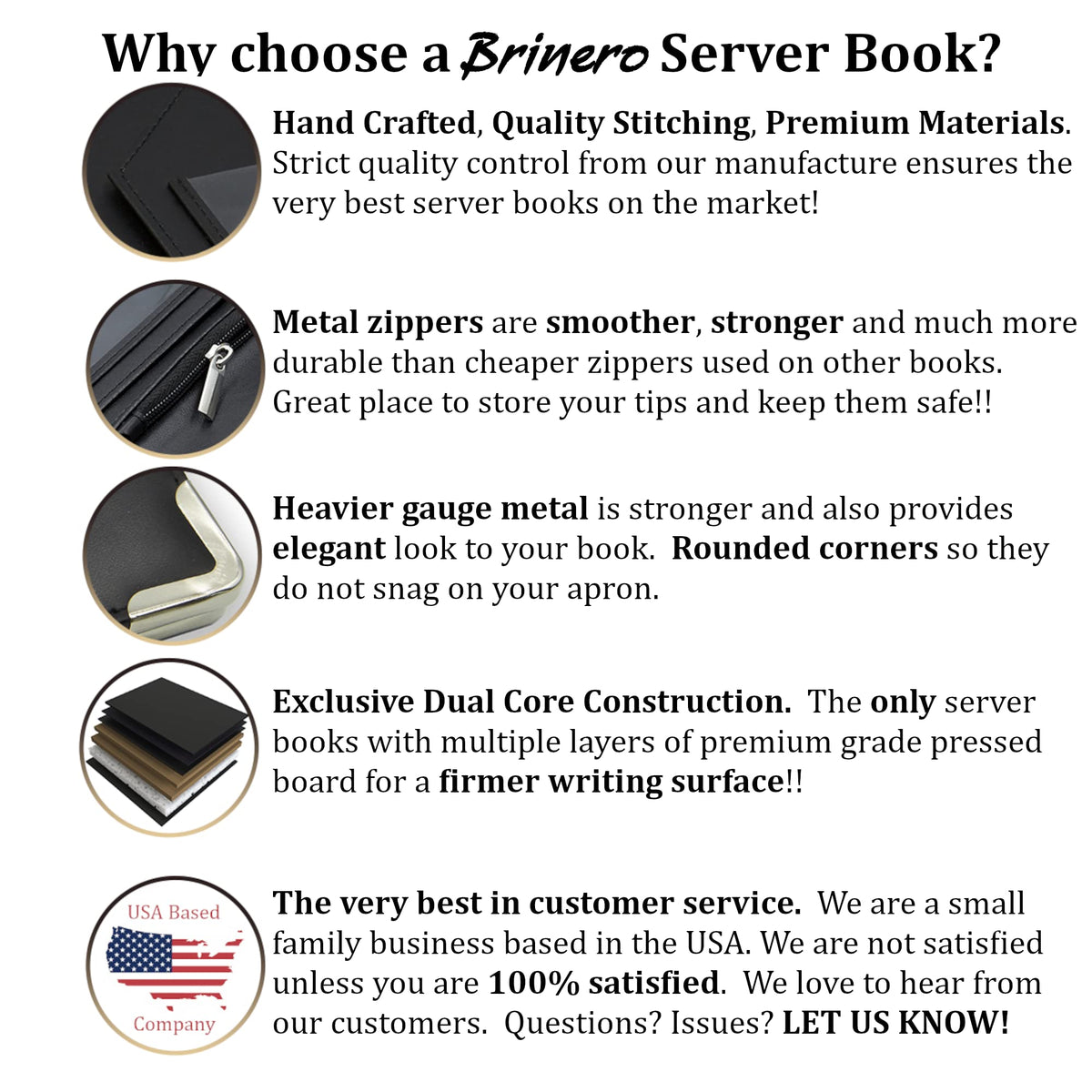 Brinero Premium Server Book, Newly Improved Bulk Pockets Stronger Magnets, 2 Pen Holders, Zipper Pocket, Firm Writing Surface