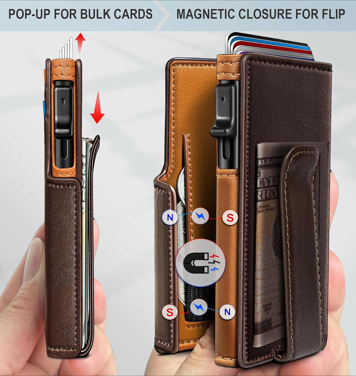 Plinvo Men's Slim Genuine Leather Wallet with Money Clip, Coin Pocket, RFID Blocking, ID Window (Burnt Umber)