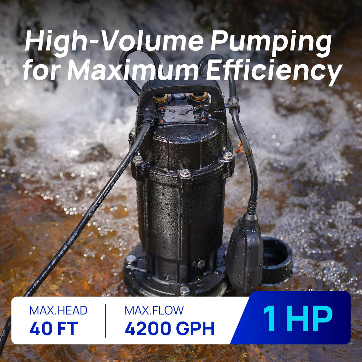 Aquastrong 1 HP Sewage Grinder Pump, 4200 GPH Sewage Pump 2 inch Discharge, Cast Iron Sump Pump Submersible with Auto Float Switch for Basement Sump Basin and Sewage Well, Black