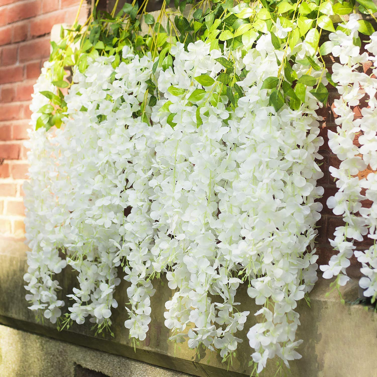 GPARK (36 Branches 12 Pack /45 inch /3.7ft Wisteria Hanging Artificial Flowers Fake Bushy Silk Vine Garland String for Wedding Party Garden Greenery Home Wall Deco Beige+Green+White