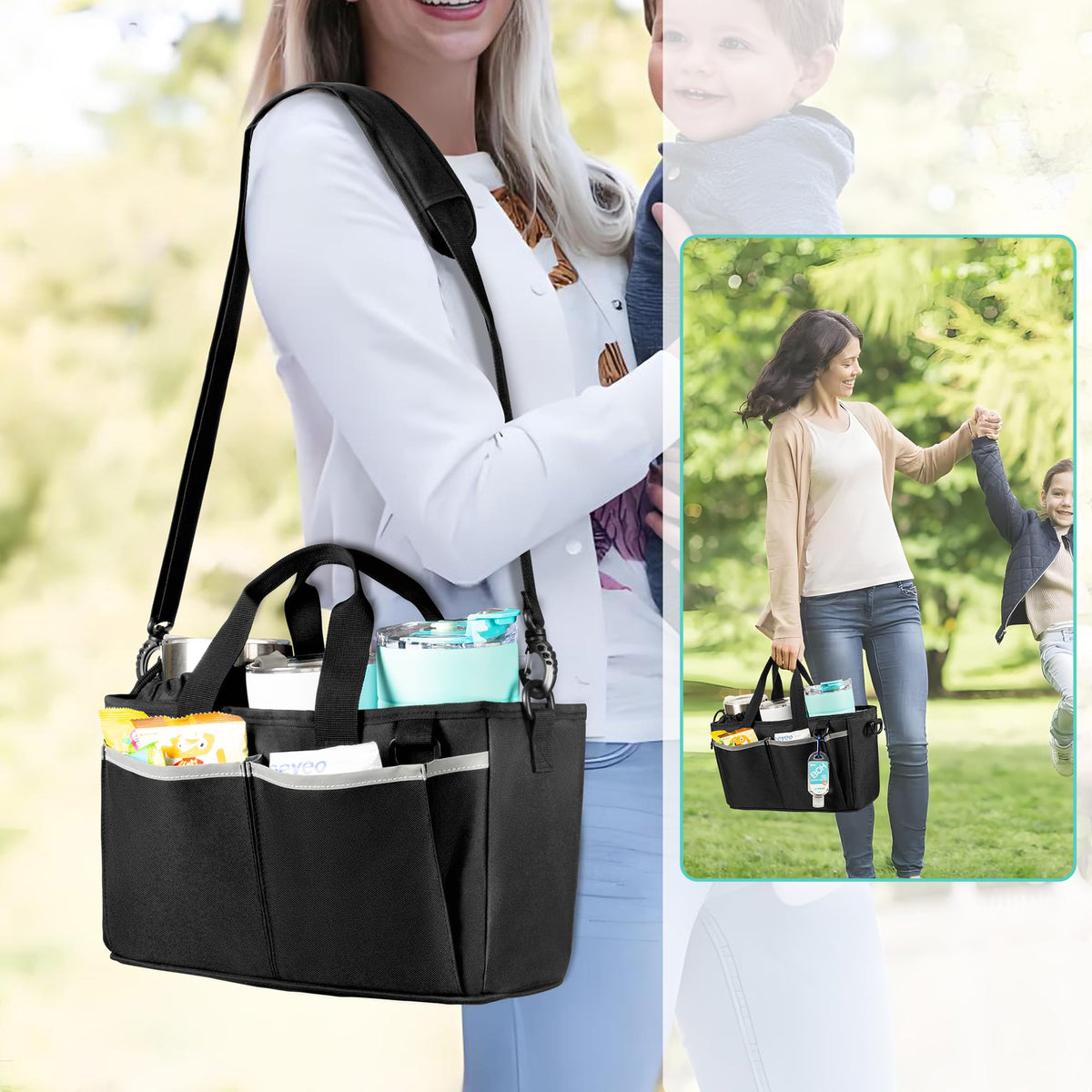 Trunab Water Bottle Carrier with Drawstring Buckle, 32/40 oz Cup Holder Bag with Detachable Divider, 3 Cup Carrier with Adjustable Shoulder Strap