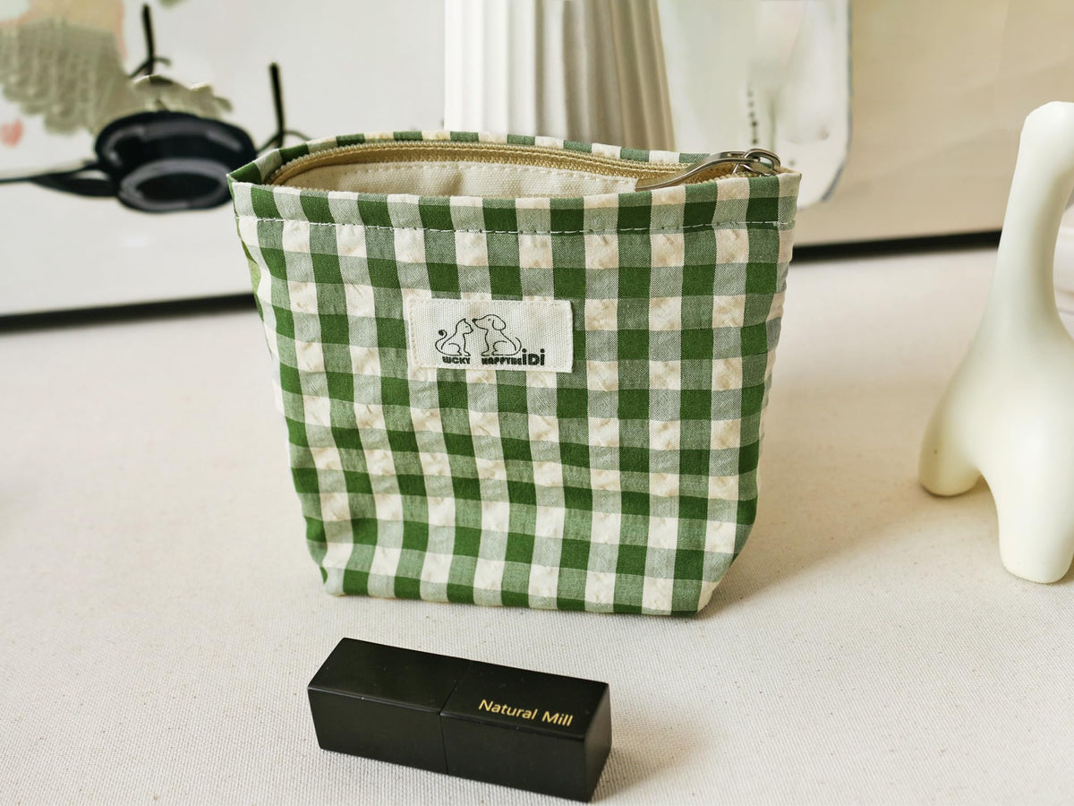 HAPPYHEIDI Nylon Checker Makeup Bag Set 3 with Compartment Cosmetic Toiletry Travel Pouch,Purse Accessory Organizer, 3-Size, Beige Green Plaid, Canvas Lined
