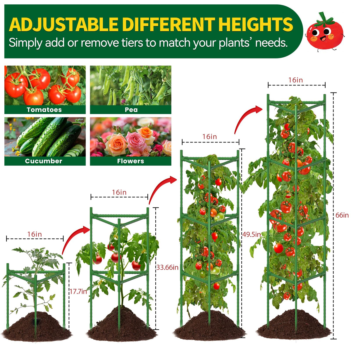 4 Pack Large Tomato Cage for Garden Up to 49" H X 16" W Metal Plant Support Stakes with Clips Triangle Pea Cages Cucumber Trellis for Vegetables Pots Vines Flowers Climbing Plants