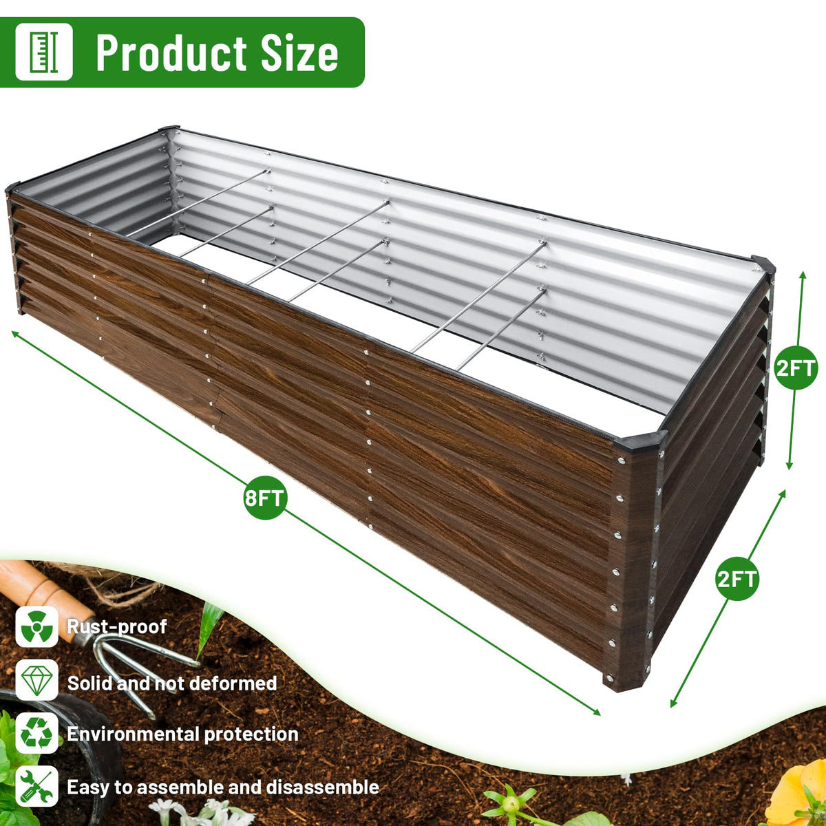 SnugNiture 2-Pack 8x2x2FT Galvanized Raised Garden Bed Kit, Metal Planter Box for Planting Plants Vegetables, Brown