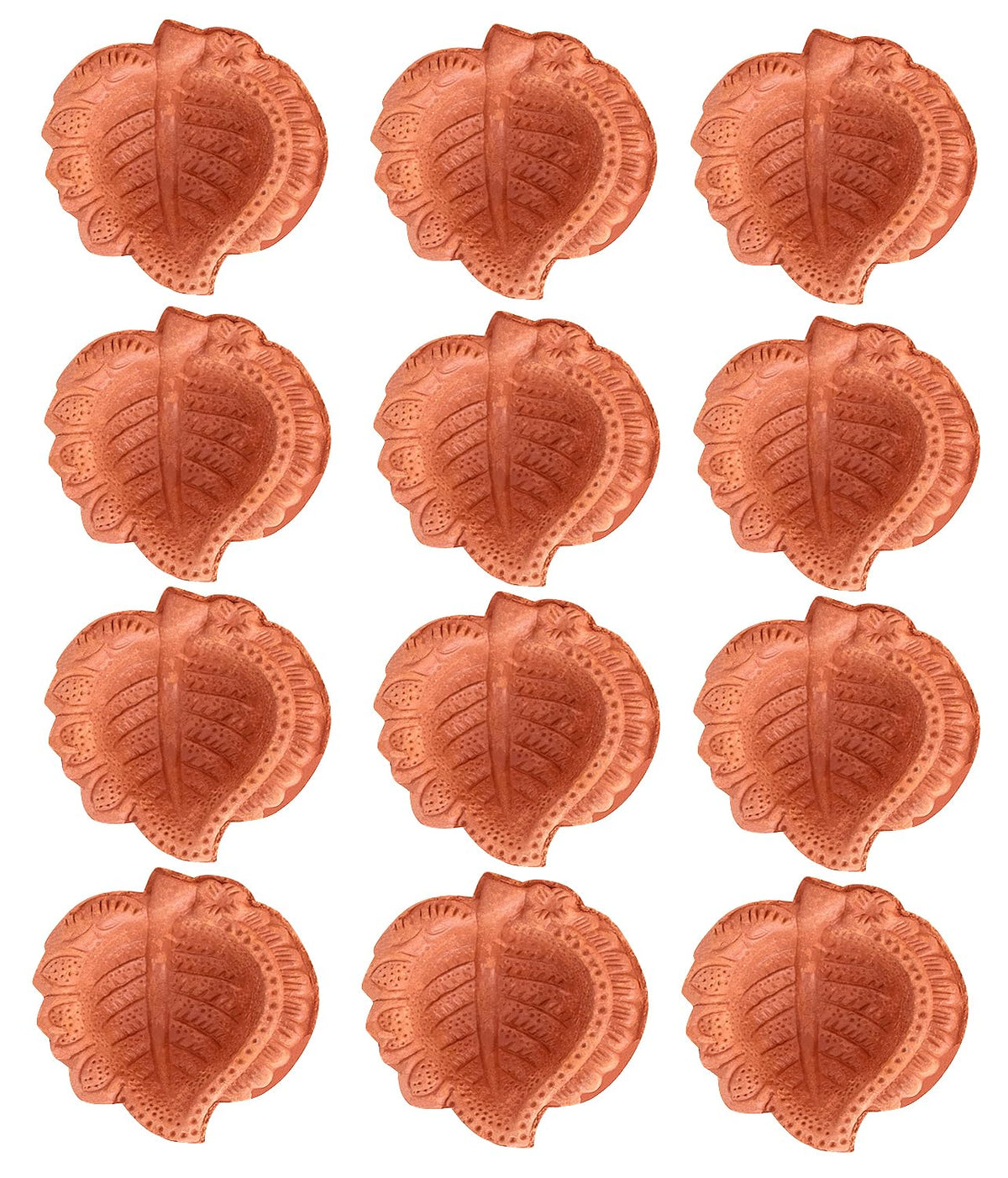 Craftsman 12 Pc Clay Diya Set, Handmade Terracotta Oil Lamps, Design 2, Brown, Model DIYA113 for Diwali Festive Decor