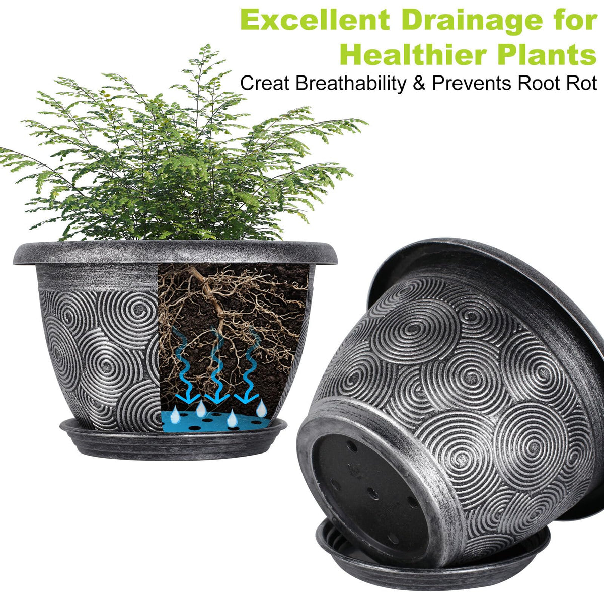 10-Inch -Plastic-Pots -For-Plant With Saucer, 4 Pack Outdoor Planters With Drainage Holes, Decorative Flower Pots For Indoor Plants, Modern 3D Swirl Silver Plant Pots With With Removable Tray