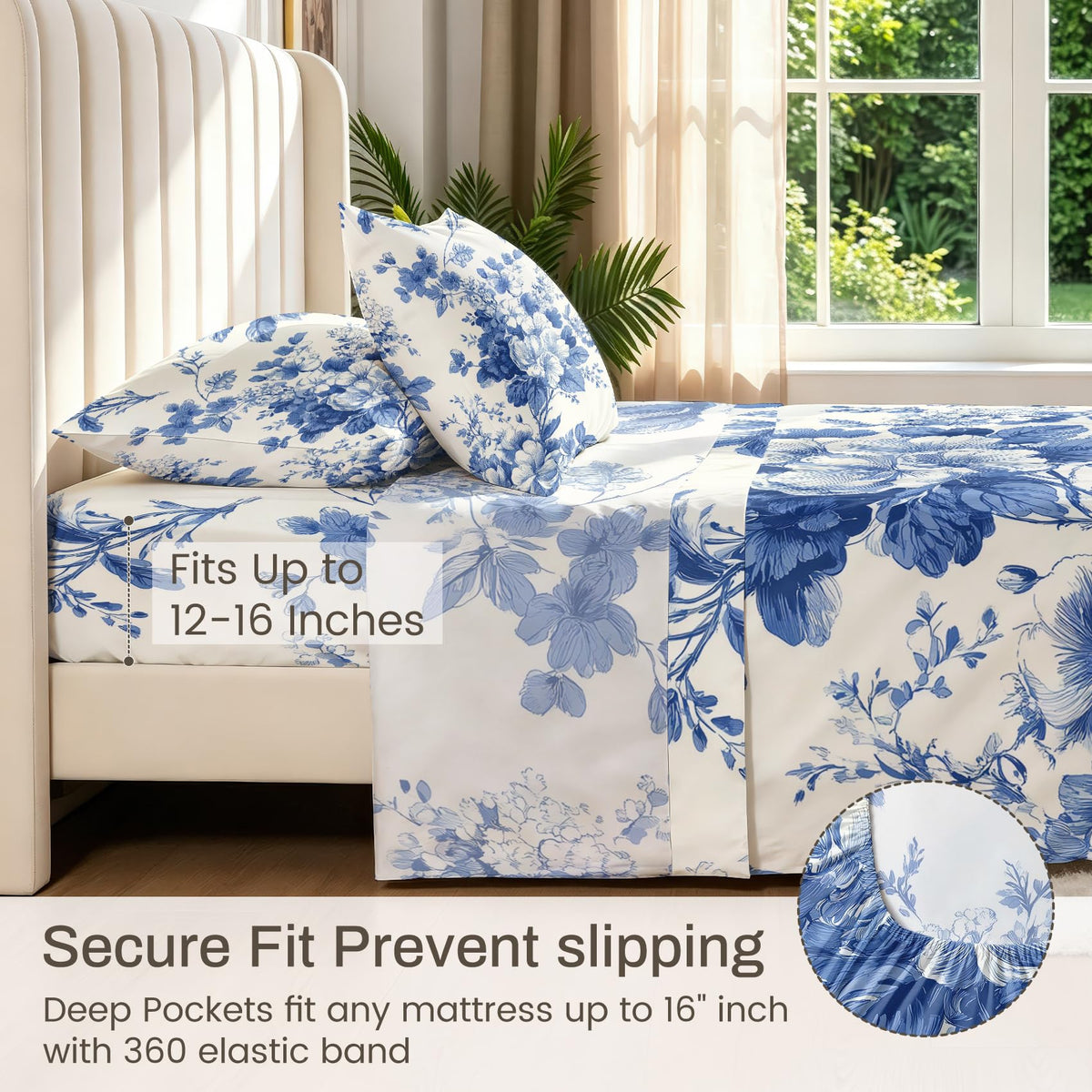 Blue and White Floral Queen Sheet Set 4 Pcs Chinoiserie Bed Sheets