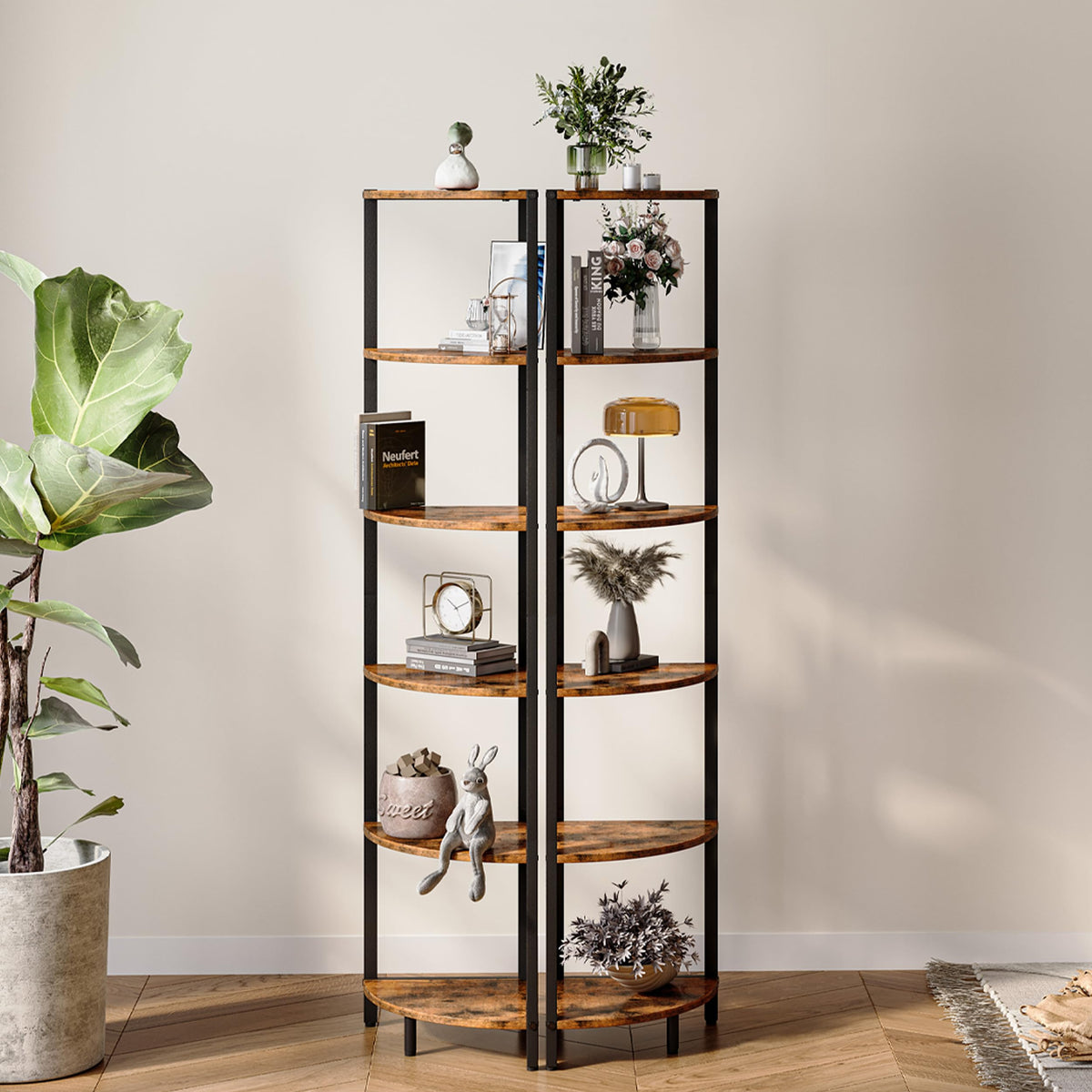 6 Tier Corner Shelf 63.1" Tall Corner Shelves stand Ladder shelf metal Standing Bookshelf Organizer Display Rack Bookcase Plant Stand Industrial style for Living Room Bedroom rustic Brown CS-001RB