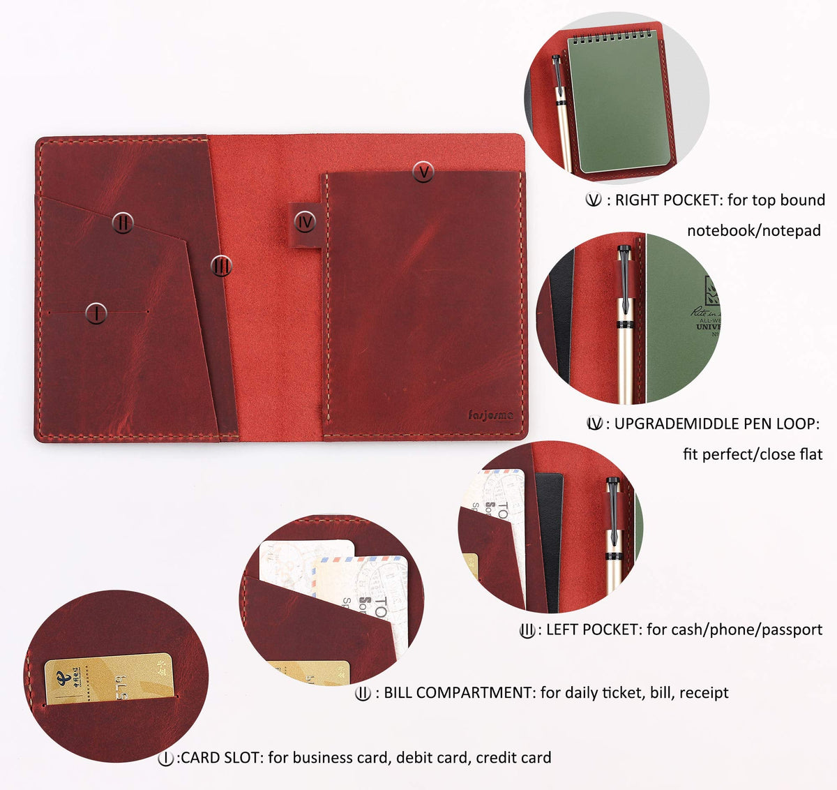 Fasjosma Leather Cover Compatible with Rite in the Rain & Rocketbook Mini Notebooks, Top Bound Spiral Notebook Cover, Leather Cover for 4'' x 6'' Pocket Notepad With Pen Holder - WINE