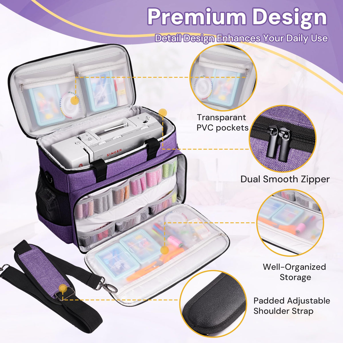 Golkcurx Sewing Machine Carrying Case with Removable Bottom Pad, Side Pocket for Sewing Kit Storage and Adjustable Shoulder Strap, Universal Sewing Machine Bag Fits Standard Singer, Brother, Janome