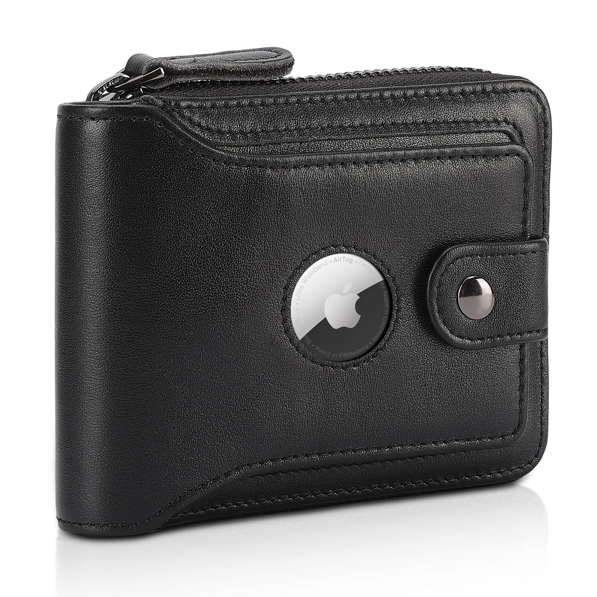 Polare Napa Leather Wallet for Men Bifold RFID Blocking Cash Credit Card Case with Air Tag Slot and YKK Zip Coin Pocket (Black with AirTag Slot)