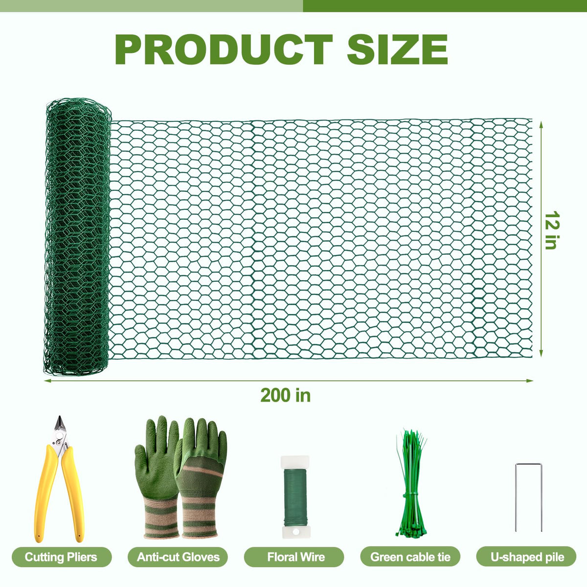 All-in-One 200 Inch Plant Protectors from Animals Kit - 0.85mm Heavy Duty Chicken Wire Cloche,Free-Cut Wire Mesh Roll Includes Pliers, Gloves, Ties, Stakes for Custom Outdoor Cages (12 * 200 Inch)