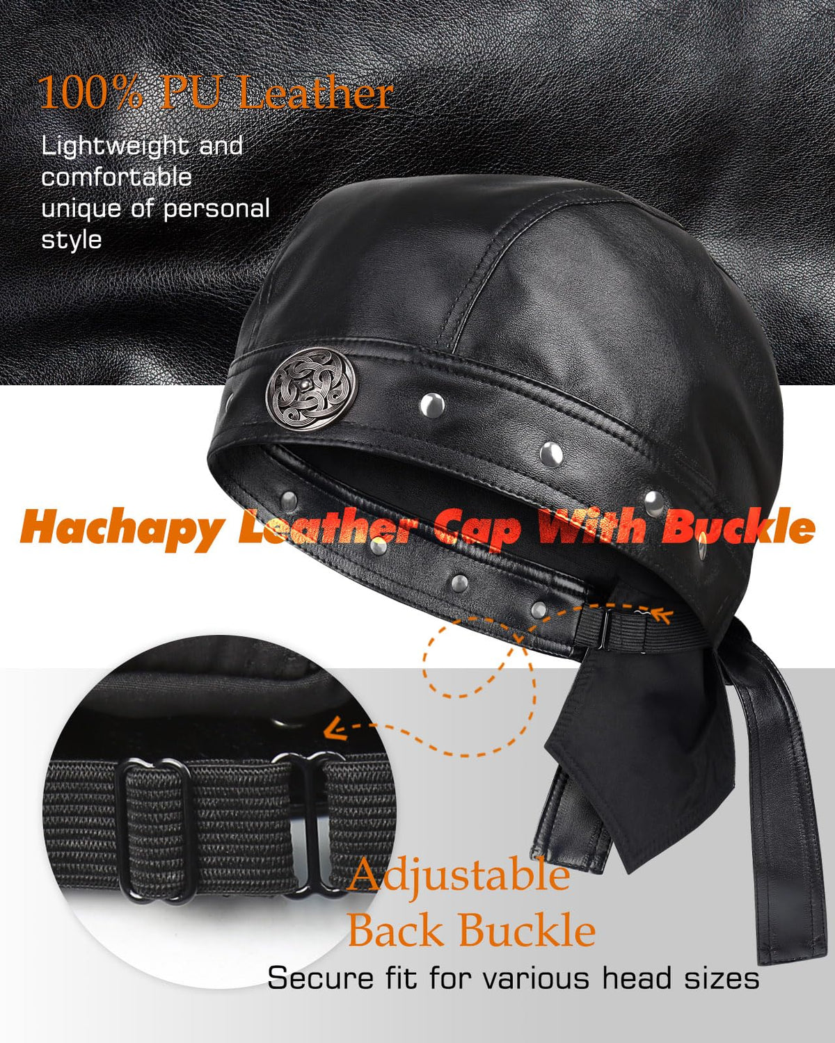 Hachapy Biker Cap for Women Leather, Adjustable Motorcycle Hat with Skull Fit & Toggle Buckle One Size Fits All