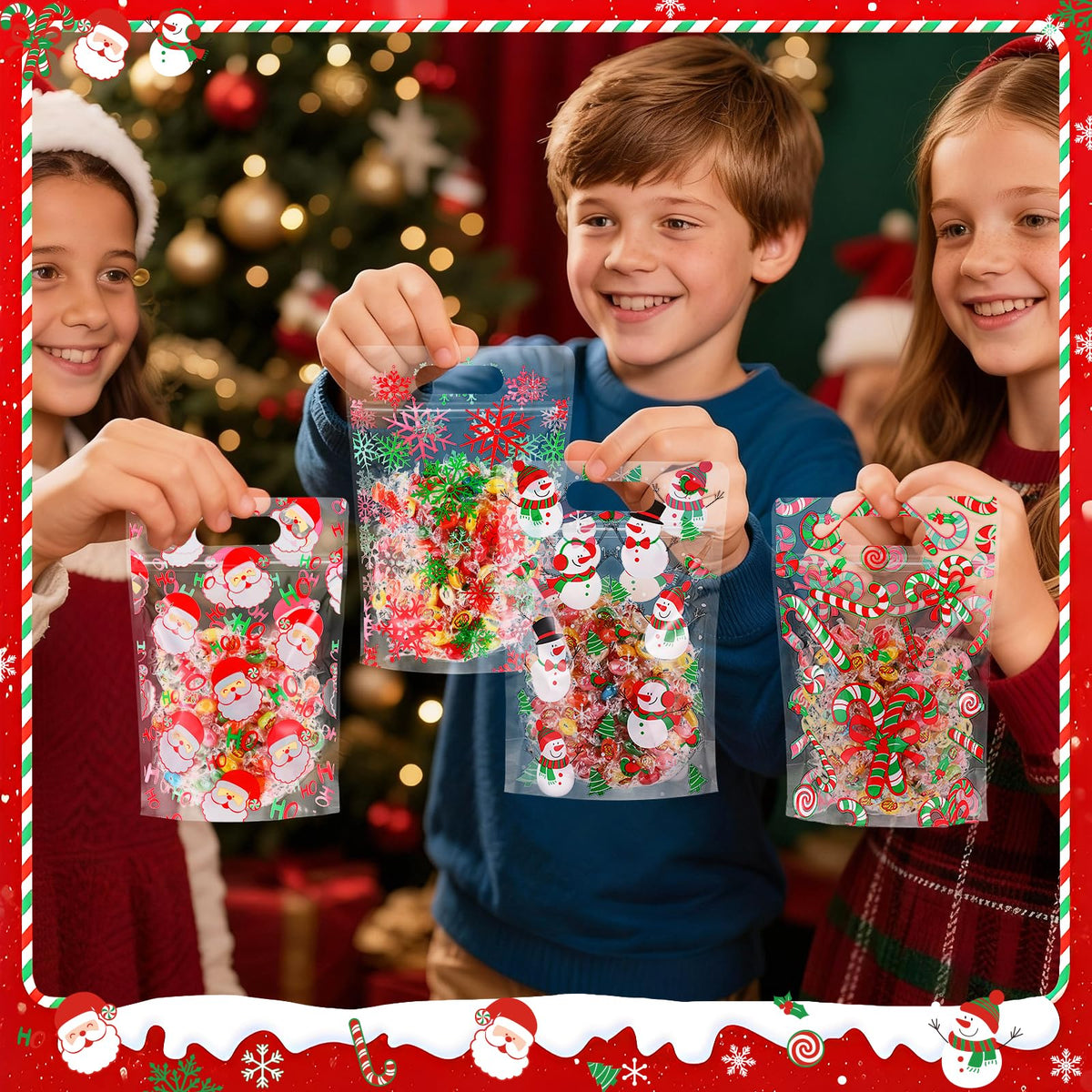 Pasimy 60 Pcs Christmas Bags with Zipper Sealing Candy Bags Bulk Resealable Xmas Treat Bag Christmas Sealing Bag with Handle Plastic for Xmas Winter Holiday Party Candy Small Gift Wrapping Supply