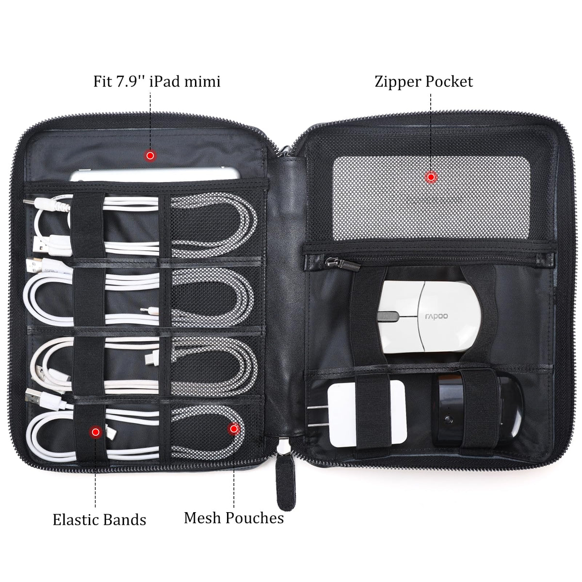 Polare Napa Leather Travel Cable Organizer Case Electronics Accessories Carry Bag with YKK Zippers Tech Storage Bag for Cables, Power Bank, USB, SD Card, Travel Essentials(Black)