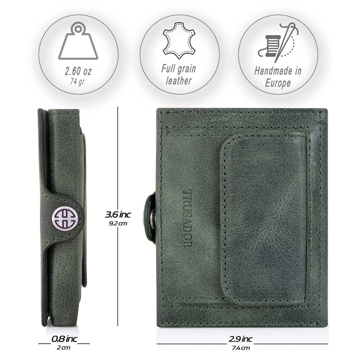 TRUSADOR Valencia Unisex Leather Wallet Small Compact Front Pocket RFID With Coin Pocket Wallets (With Coin Pocket, Green)