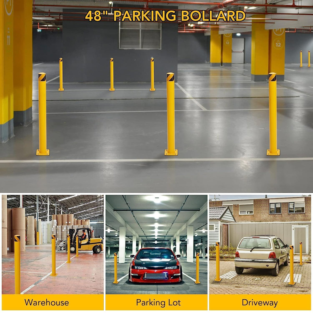 Garvee Safety Bollard, Towallmark 4 Packs 36 in Height Bollard Post, 4.5 in Diameter, Yellow Safety Steel Bollard Post with 8 Anchor Bolts, for Traffic Control, Driveway Barrier, Parking Pole