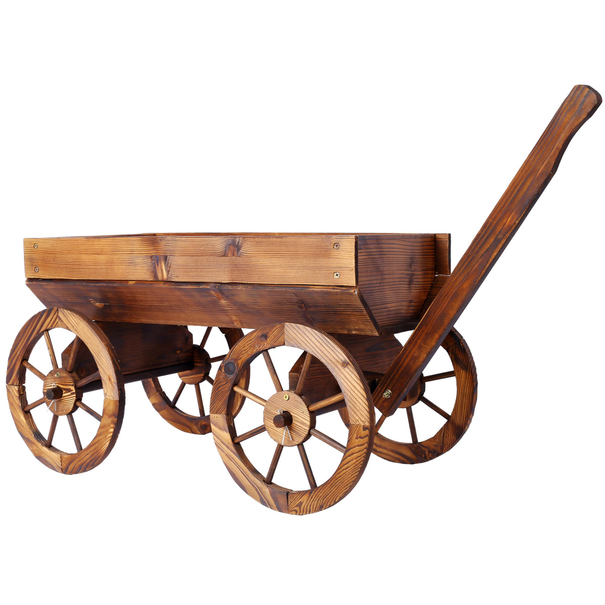 LifeSky Wooden Garden Cart Planter Wagon: Rustic Solid Wood Construction with Four Wheels & Handle - Farmhouse Style Outdoor Decor for Patio Garden Design & Plant Display
