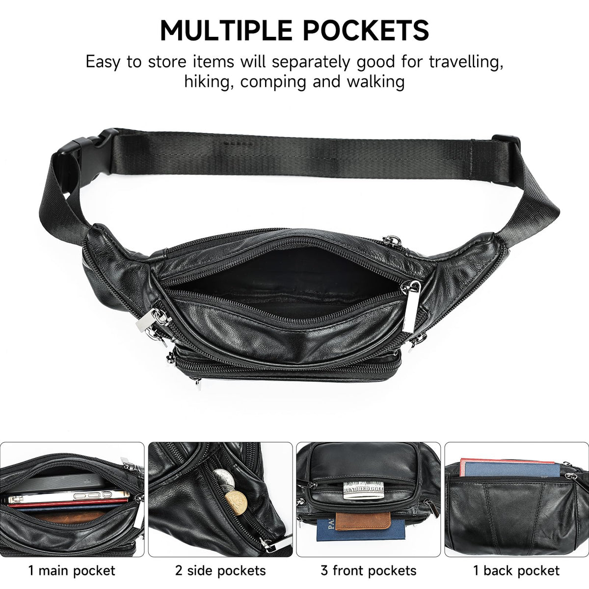 Genuine Leather Fanny Pack Men Women Multi-Pockets sling Waist Bag For Travel Sports Hiking Cycling Fishing Running Black Small
