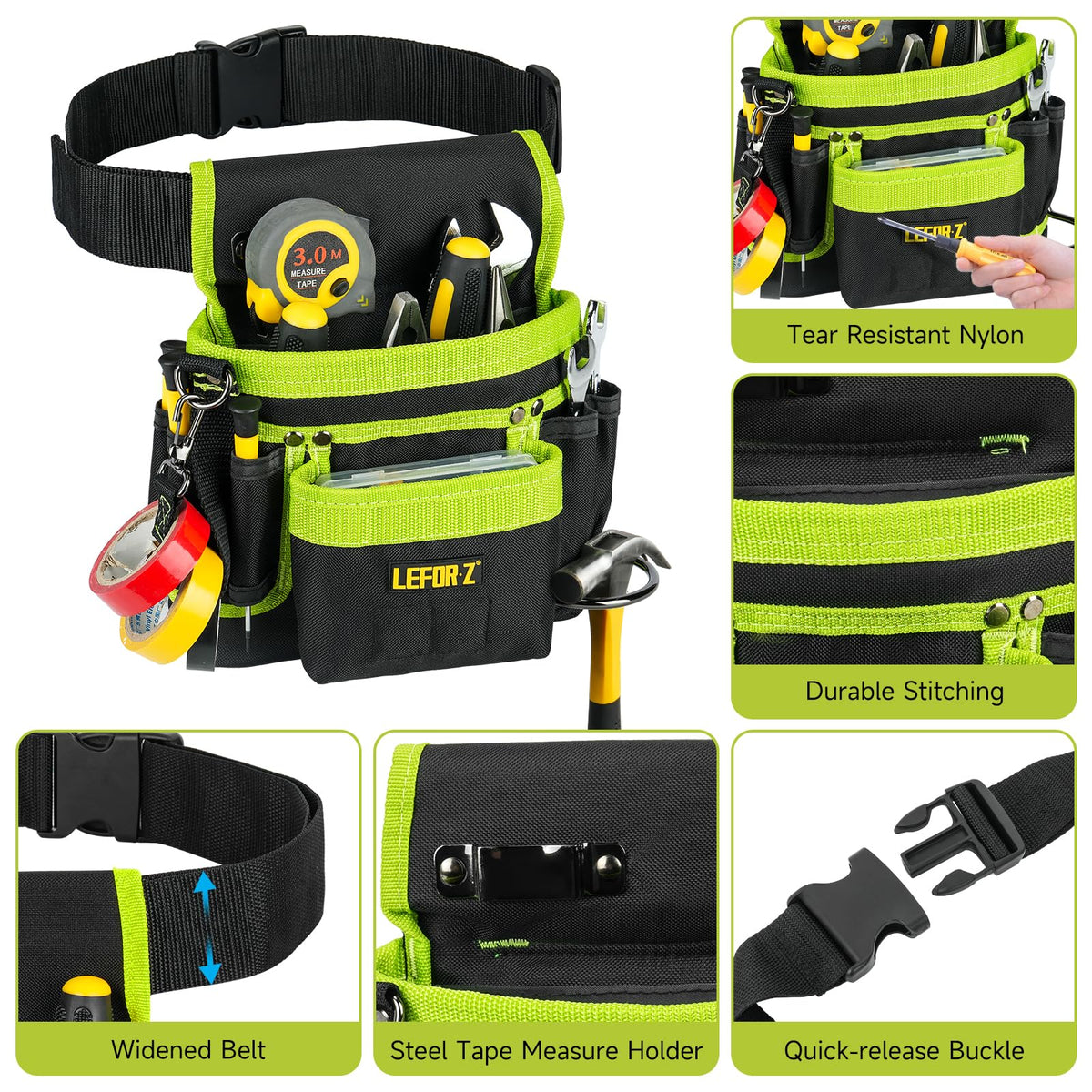Tool Belt,Magnetic Tool Pouch,14-Pockets Tool Belts for Men,Detachable & Adjustable Tool Pouch belt for Electrician,Carpenter,Construction,Work Apron,Utility Belt,Black-Green