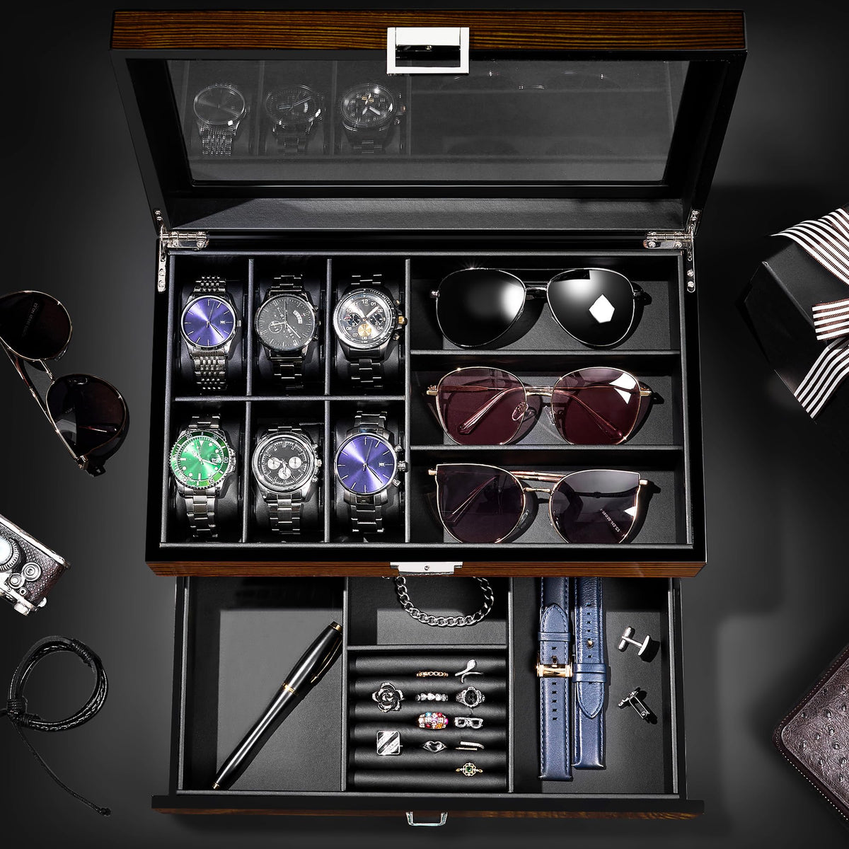 BEWISHOME Men's Wooden Jewelry Box Organizer, 6 Watch and 3 Sunglasses Organizer for Men, Wood Watch Display Case with Glass Lid and PU Leather Interior