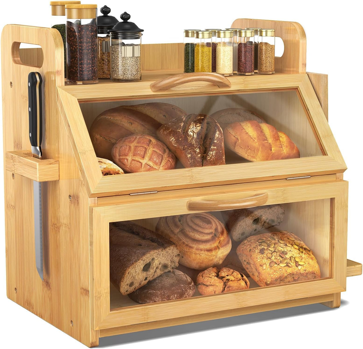 BAMBANG Extra Large Bread Box, Double Layer Bread Box for Homemade Bread, Bamboo Wooden Bread Storage Container with Tool Holder & Handles & Window, Assembly Required(14.9" x 11" x 15.3") Natural
