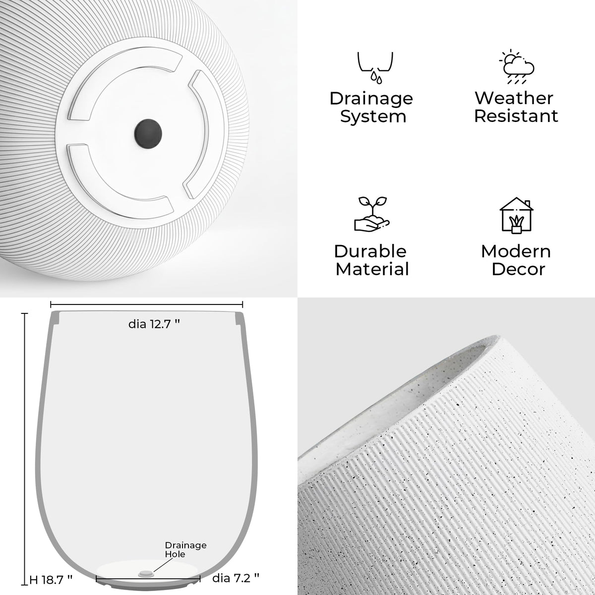 Worth Garden White Large Round Planter, 12.5" Dia x 18.5" H Lightweight Magnesium Oxide Cement Plant Pot with a Striped Textured Finish, Raised Pattern Concrete Look, Drainage Hole, Indoor & Outdoor