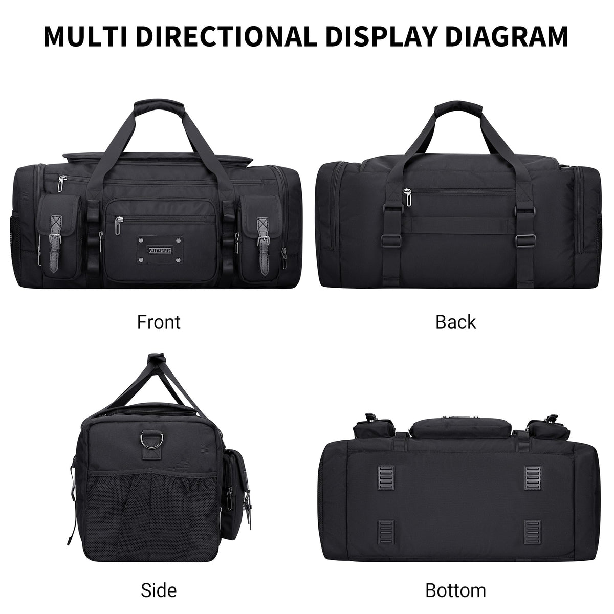 WITZMAN Duffle Bag for Men Large Carry On Weekender Bag 54L Nylon Duffle Gym Bags for Travel with Shoes Compartment(B717 Black)
