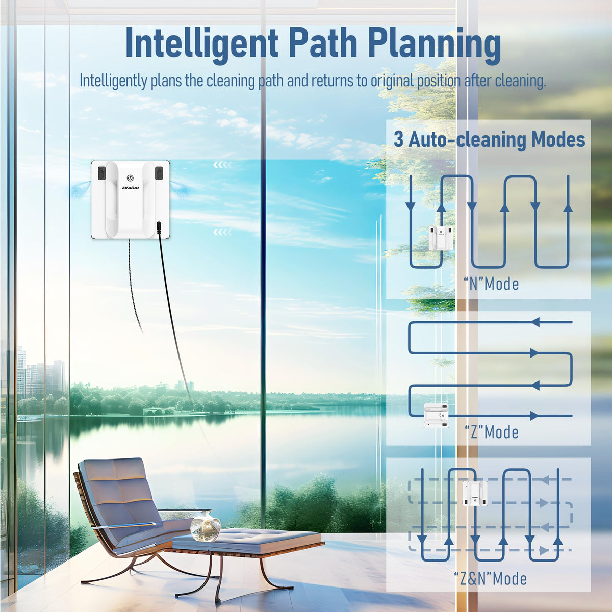 AlfaBot Window Cleaning Robot, Dual Water Spray,Intelligent Path Planning,6000Pa Suction Power, Wet/Dry Cleaning, Edge Detection Technology for High-Rise Window, Glass, Door, Mirror, Marble Wall