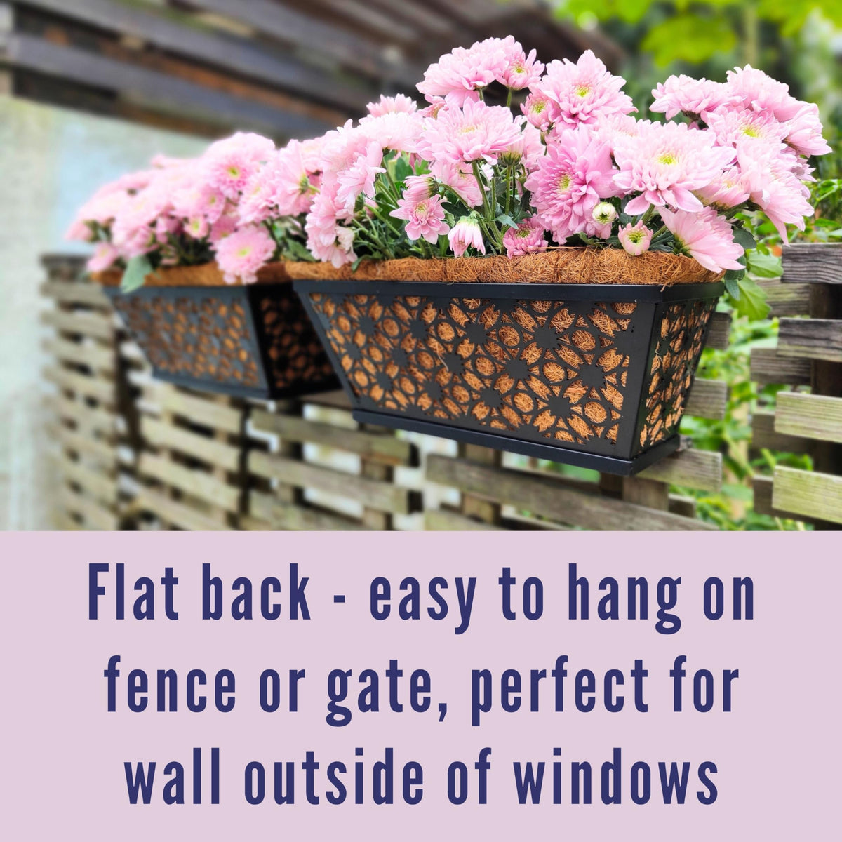 LaLaGreen Window Box Planter for Outdoor Plants (4 Pack, 12 Inch) Black Metal Small and Cute Rectangular Flower Pot Wall Planters with Coco Liner Horse Trough Railing Deck Balcony Fence Patio Decor