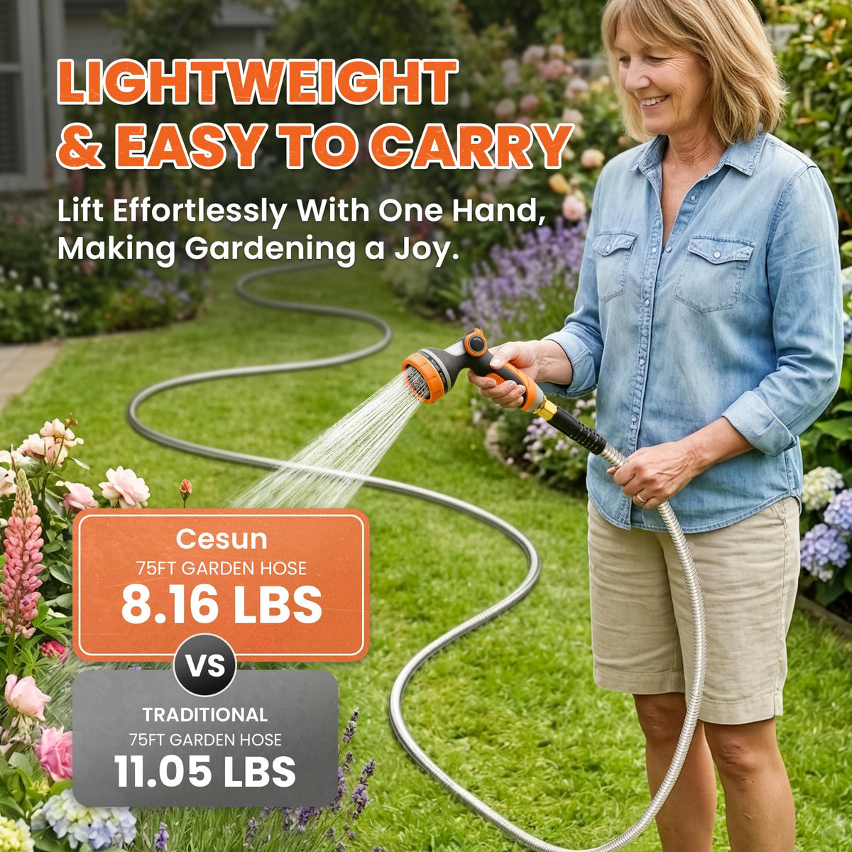 Cesun 75 ft Metal Garden Hose, Stainless Steel Heavy Duty Water Hose With 10 Function Nozzle, No Kink & Flexible, Lightweight and Durable, Rust Proof for Yard, RV, Pet Bath, Outdoor, 75 foot x 5/8"