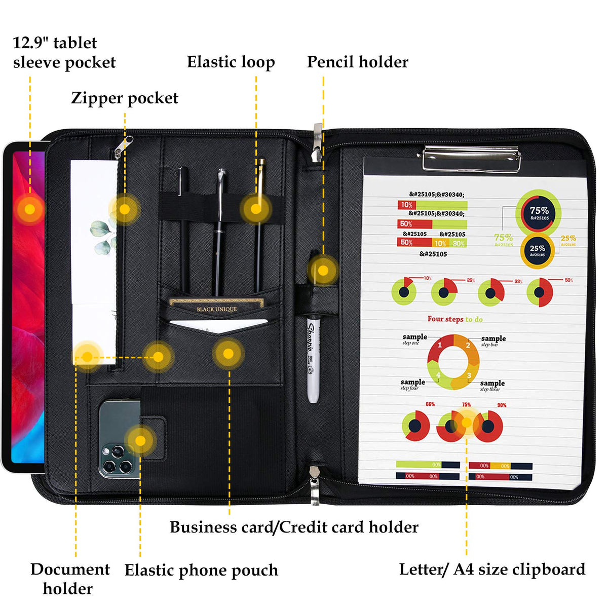 ProCase Portfolio Business Padfolio Folder with Zipper, Conference Meeting Executive File Legal Document Organizer with Pockets Letter Size A4 Writing Pad Notepad Padfolio -Black